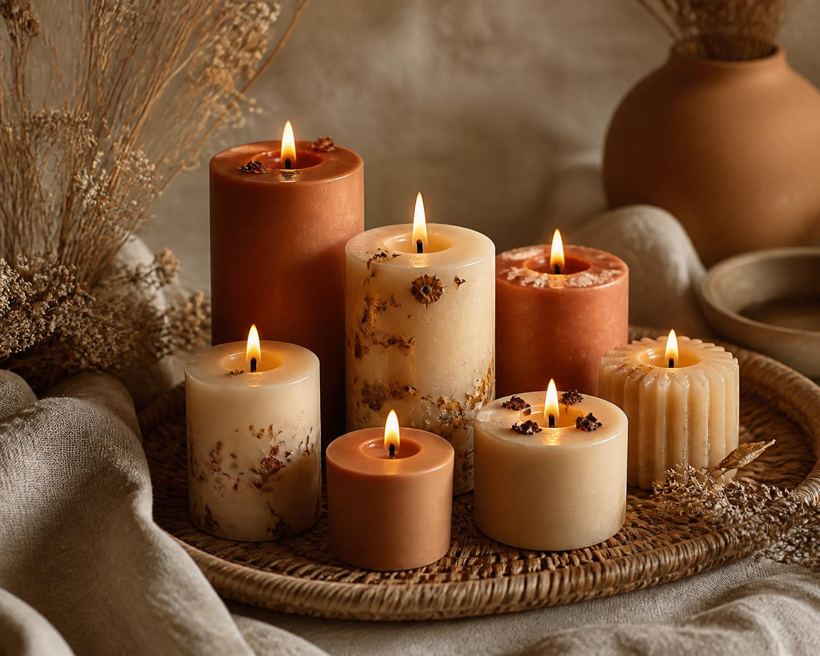 A tray of glowing handmade Flama Terra candles